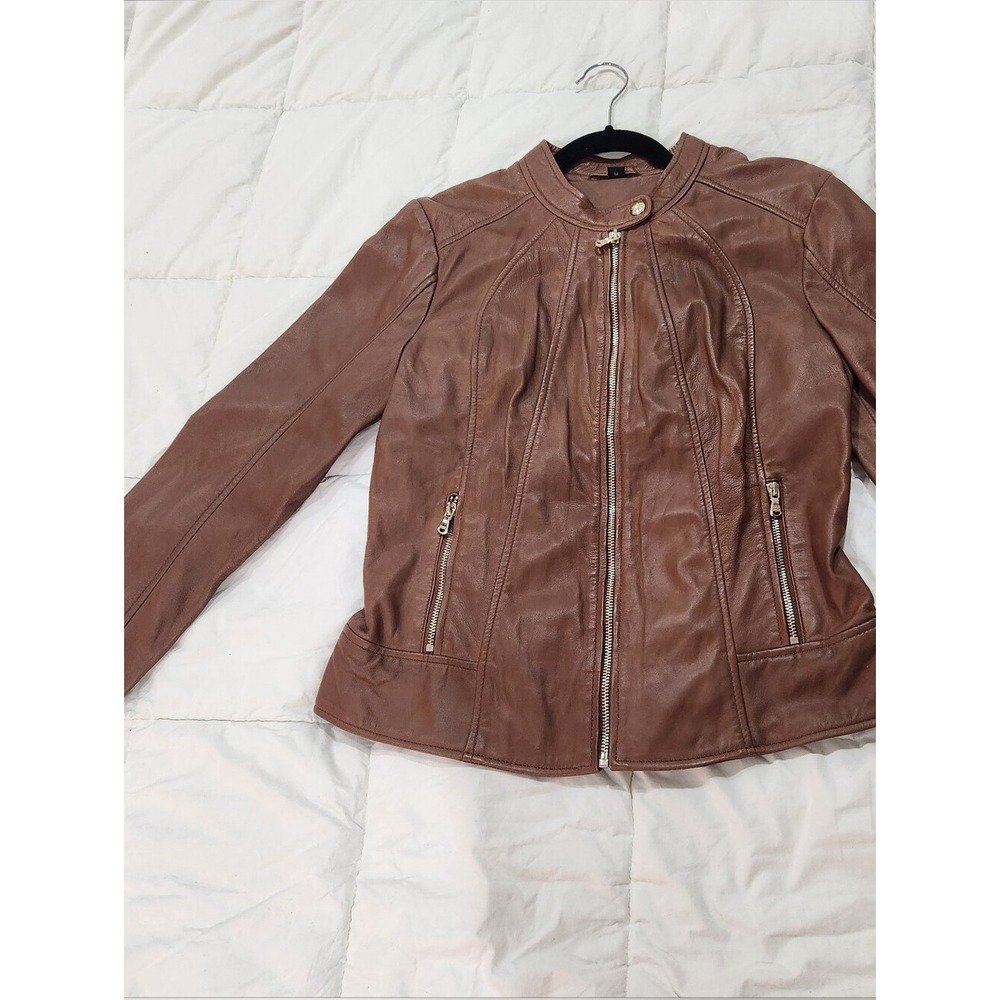 Guess Leather Jacket in  Brown with Gold Zippers Size Medium
